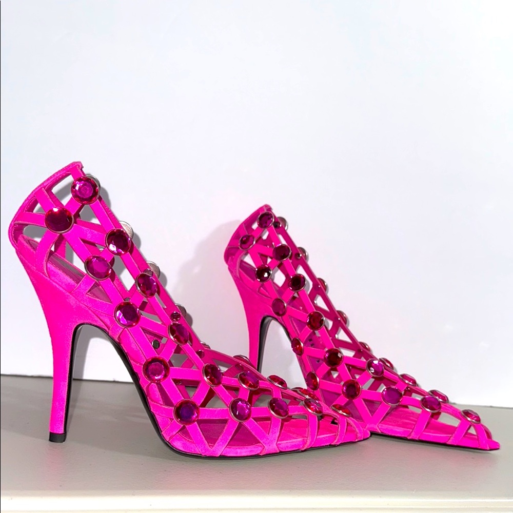 The Attico hot neon Pink Geometric Cutout Heels cage 40.5 pointed shoes 👠